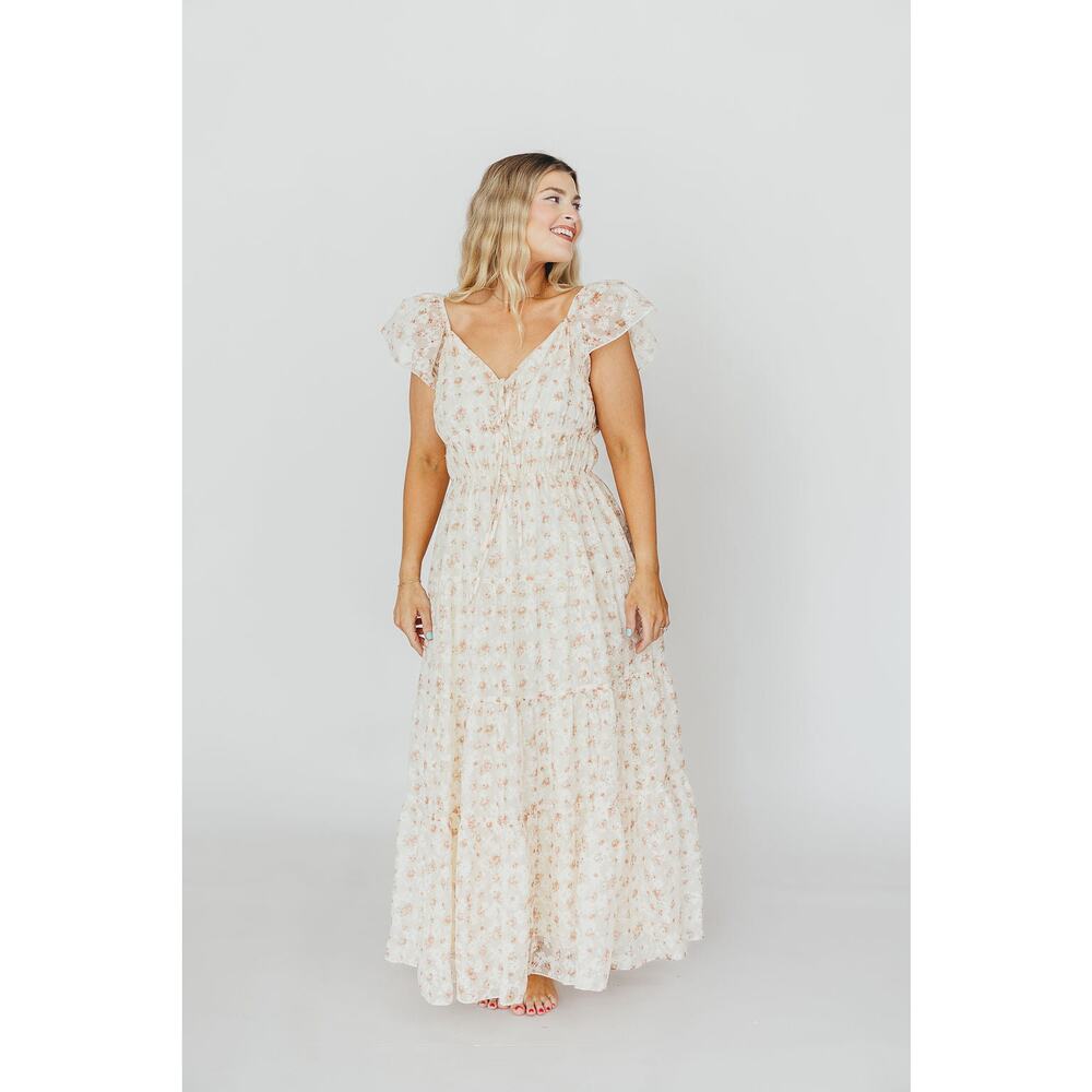 Floral Ruffle Sleeve Midi Dress in Cream